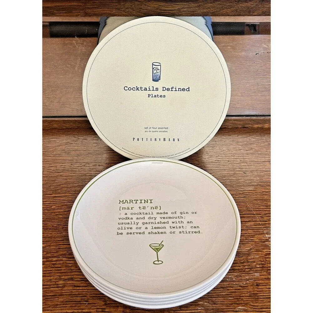 POTTERY BARN Cocktails Defined Salad Appetizer Plates W/Cocktail Recipes BNIB